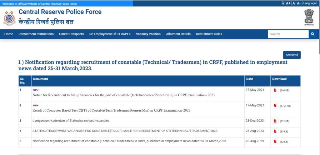 CRPF Tradesmen Result 2023